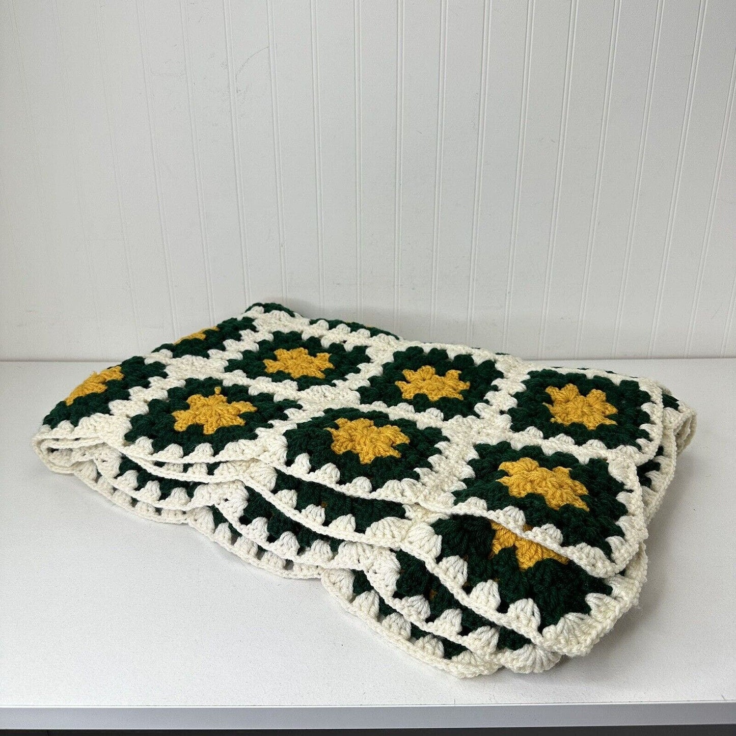 Vintage Granny Square Afghan Hand Crochet Green & Gold Blanket Roseanne 42 X 60