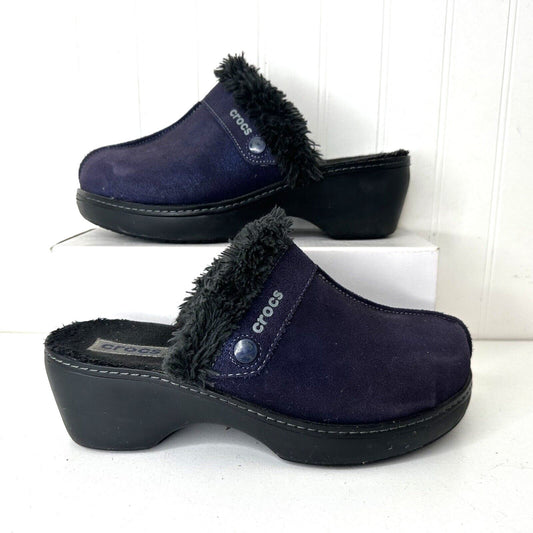 Crocs Purple Cobbler Shimmer Clogs Womens Size 9 Suede Faux Fur LIned 202302