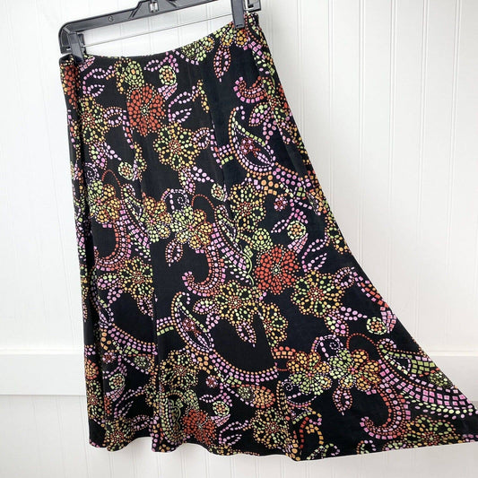 West End Slinky Knit Midi Skirt Sz Large Multicolor Floral A-Line Stretch USA