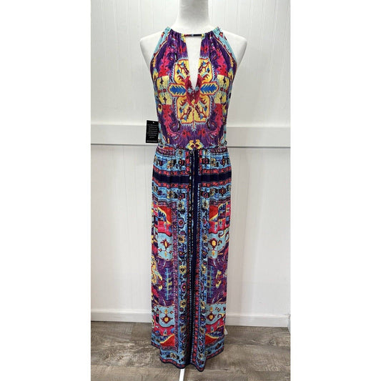 Alexia Admor Halter Maxi Dress XS Multicolor Boho Aztec Pattern Cut Out Slit NEW
