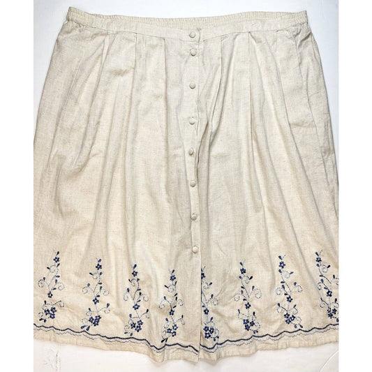 Vintage Two-Twenty Button Front Maxi Skirt 2XLP Beige Cotton/Flax Embroidery