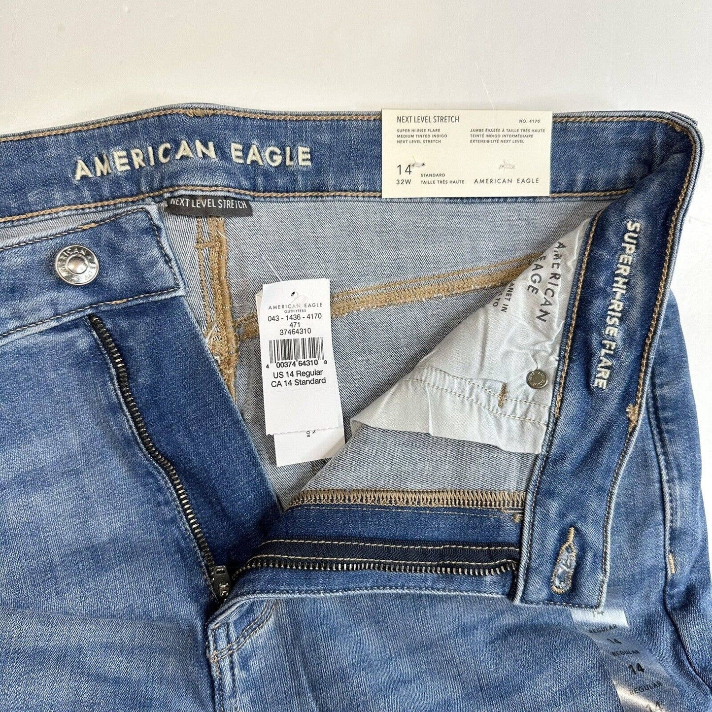 American Eagle Super Hi-Rise Flare Jean 14 Next Level Stretch Blue Denim NEW