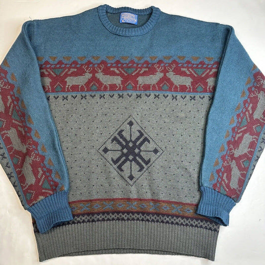 Vintage Pendleton Wool Sweater Mens Medium Fair Isle Deer Blue Multicolor *Flaws