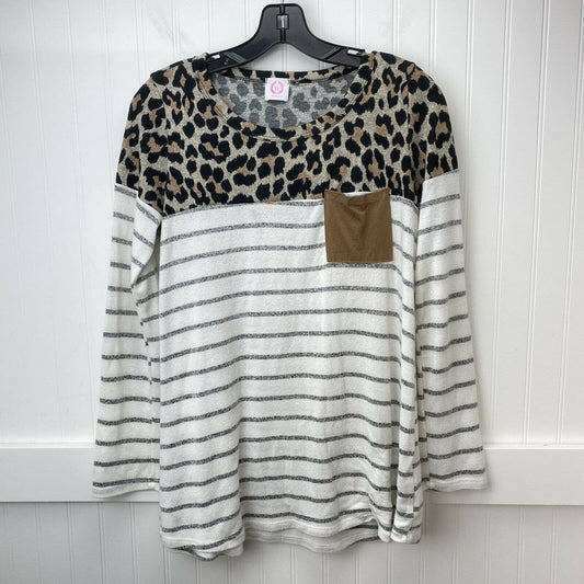Wanna B Knit Leopard Striped Shirt Sz Medium Ivory/Tan Stretch Long Sleeve Top