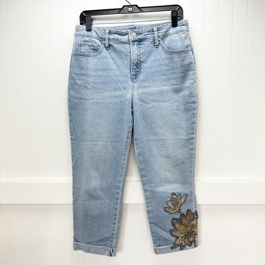 Chicos Jeans 1 US 8 So Slimming Girlfriend Slim Crop Cuffed Denim Embroidery