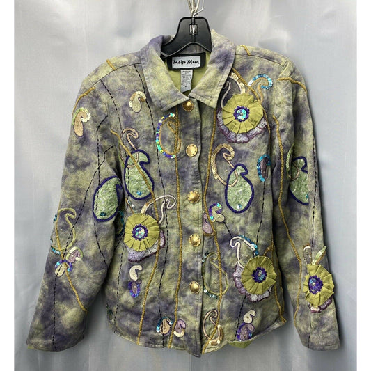 Indigo Moon Jacket Sz Small ART TO WEAR Sequins Flowers Embroidered Green/Purple