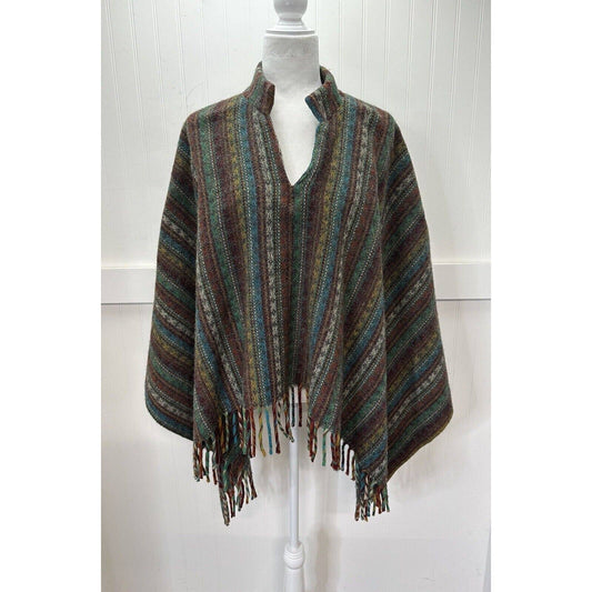 Woven Wool Blend Poncho OS Multicolor Striped Rug Blanket Cape Sweater Fringe