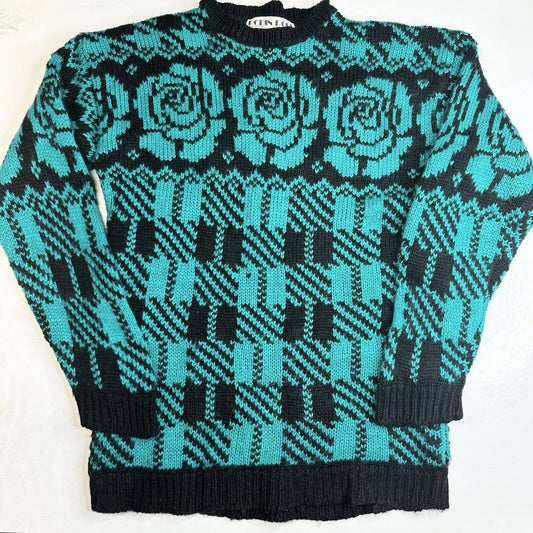 Vintage Sweater Robin Ross 80s Medium Colorful Teal Black Floral Tunic Jumper