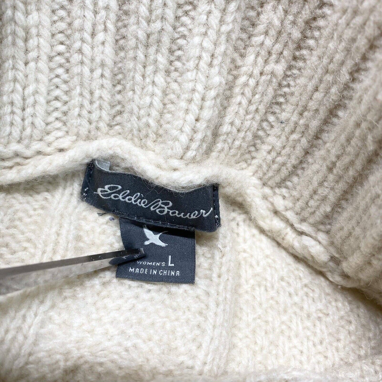 Eddie Bauer Cable Knit Sweater Sz Large Lambswool Blend Beige Turtleneck Top