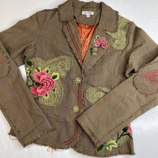 DB Sport Button Up Blazer Small Brown Coat Embroidered Pink Flowers Fringe Boho