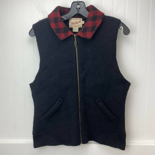 Vintage Woolrich 100% Wool Full Zip Vest Womens Medium Black w/Red Plaid Collar