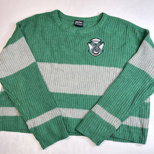 Harry Potter Slytherin Cropped Sweater XL Green Striped Embroidered Hot Topic