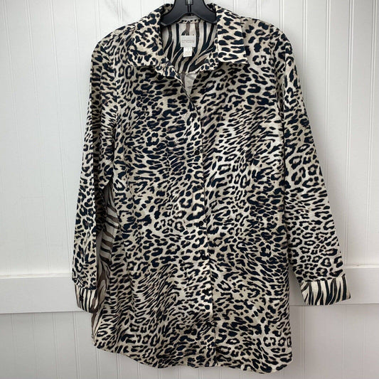 Chicos Button Up Tunic Shirt Sz 1 (US Medium) Leopard/Zebra Animal Print EUC
