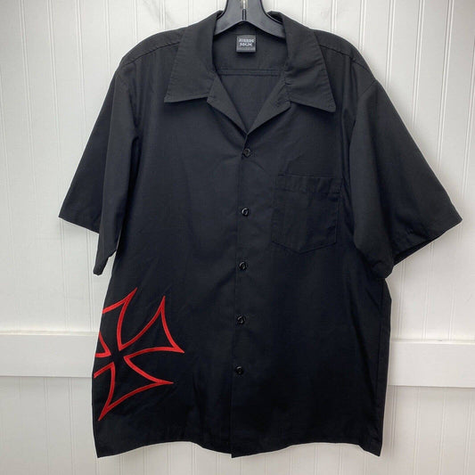 Johnny Suede Button Up Shirt Mens L Black/Red Embroidered Iron Cross Biker USA