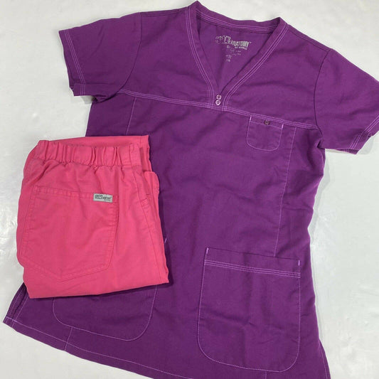 Grey's Anatomy Scrub Set 2pc Womens XSmall Top & XS Petite Pants Pink & Purple