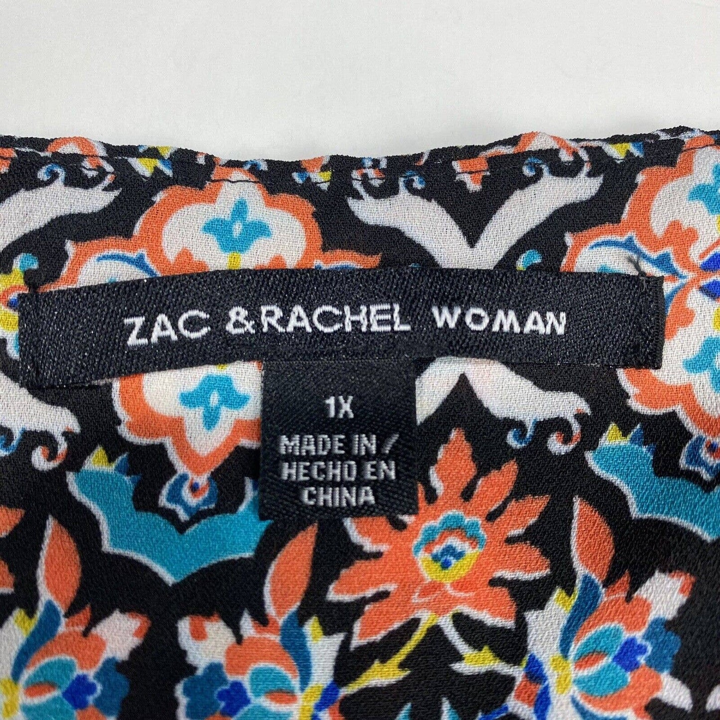 Zac & Rachel Boho Tunic Top Sz 1X Orange Teal Multicolor Pattern Zip Neckline