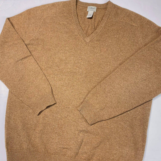LL Bean 100% Lambswool Sweater Mens XLarge Tall XLT Brown V-Neck Long Sleeve