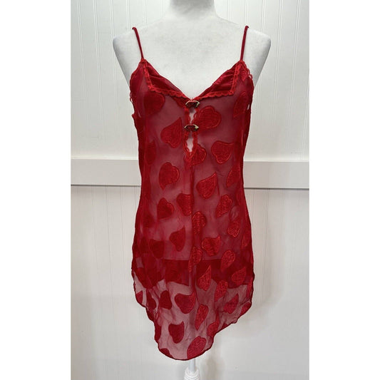 Vintage California Dynasty Lingerie Slip Size Medium Red Hearts Roses Sheer Sexy