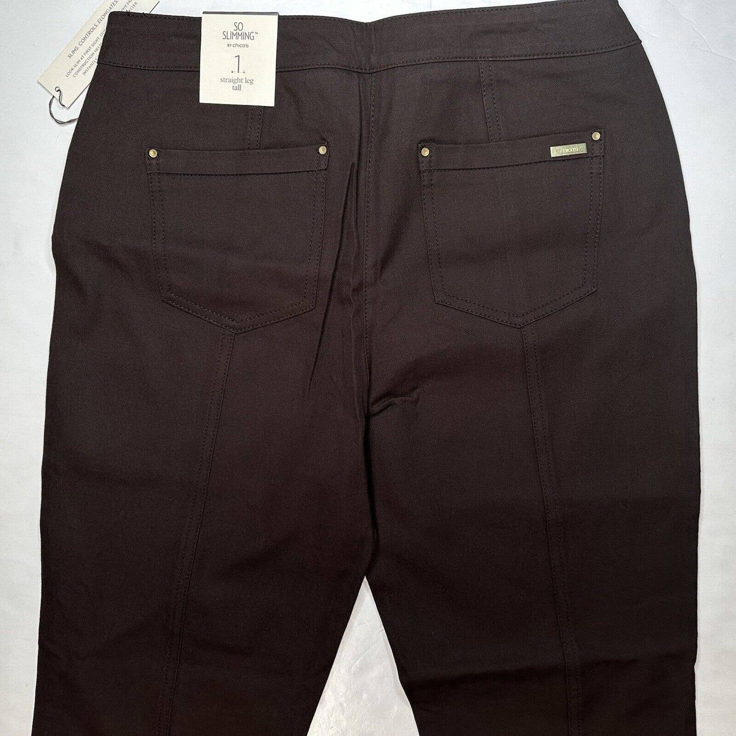 Chicos So Slimming Madison Pant Sz 1 Tall (US 8) Dark Brown Straight Jeans NEW