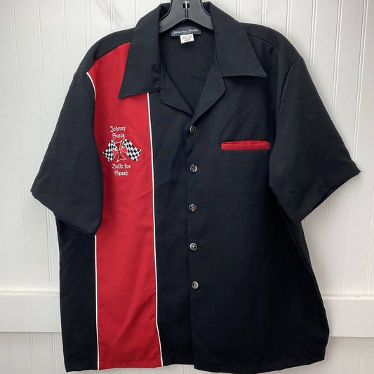 Johnny Suede Button Up Shirt Mens L Black/Red Embroidered Iron Cross Racing USA
