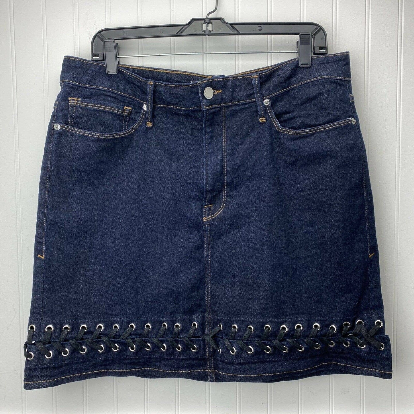 Good American Denim Mini Pencil Skirt Sz 16 Womens Laced Detail Plus Size EUC