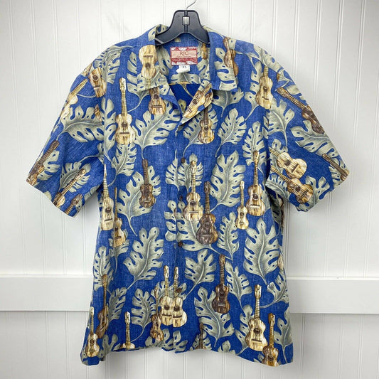 RJC Hawaiian Button Up Shirt Sz XL Mens Casual Blue Short Sleeve Top Ukelele USA