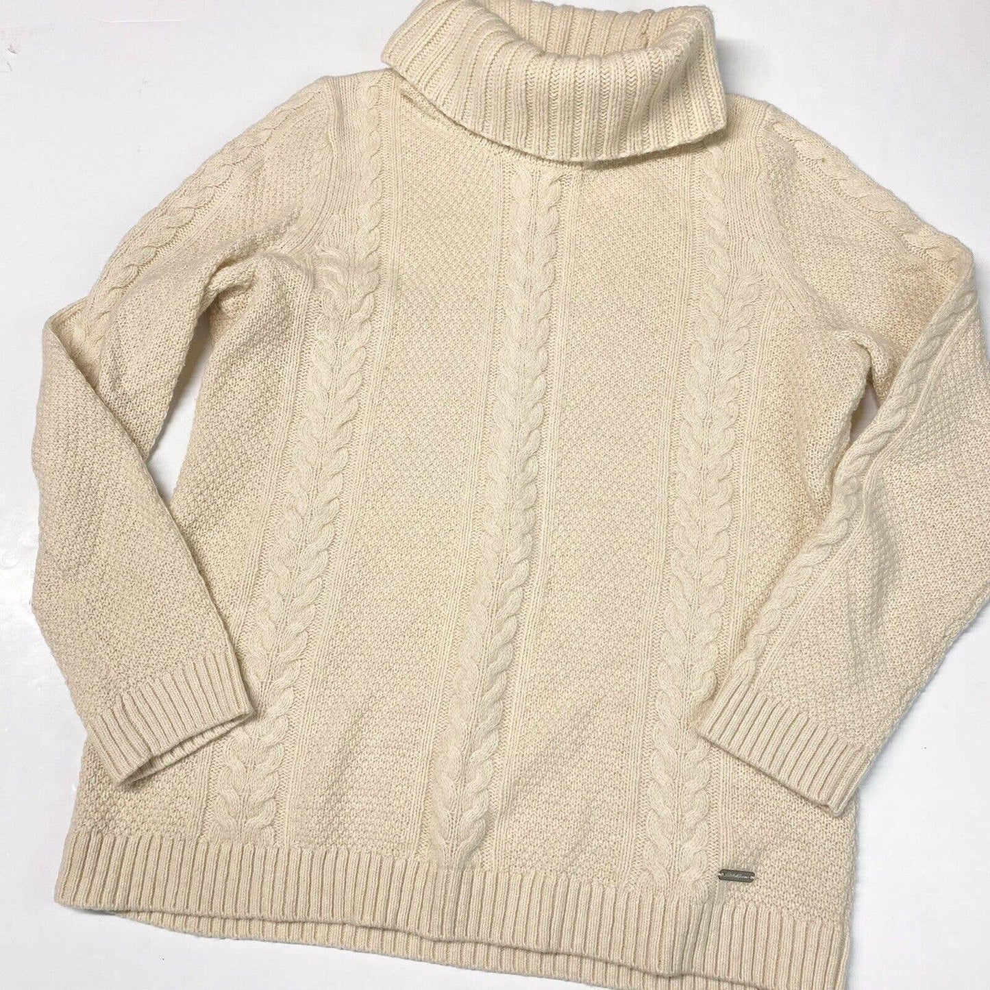 Eddie Bauer Cable Knit Sweater Sz Large Lambswool Blend Beige Turtleneck Top
