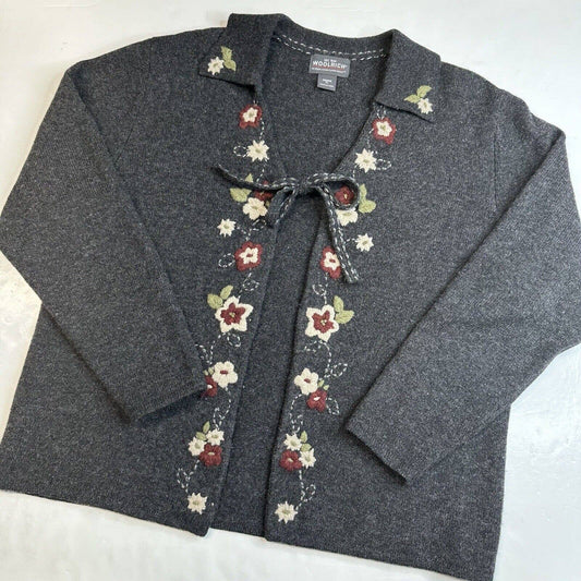 Woolrich Cardigan XL Gray Lambs Wool Tie Front Knit Sweater Floral Embroidery