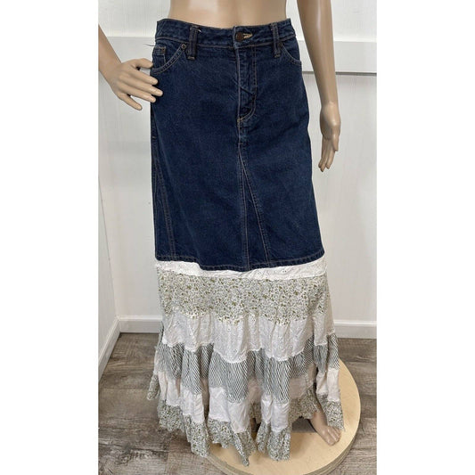 Vintage Faded Glory Denim Maxi Skirt 10 Tiered Cotton Mixed Media Ditsy Floral