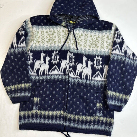 Tejidos Ruminahui Alpaca Hooded Sweater Jacket Sz Small Blue Zip Up Aztec Hoodie