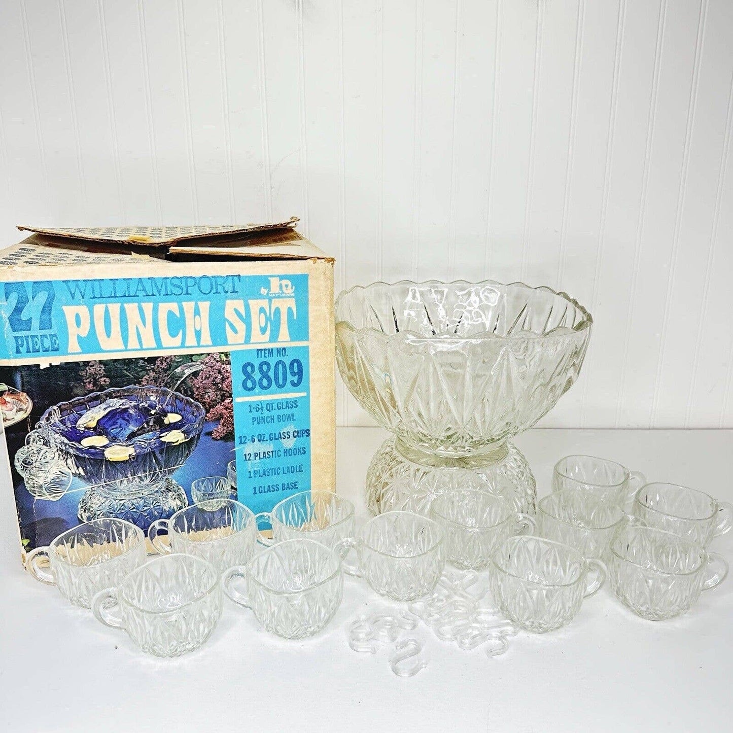 Hazelware By Brockway Glass Co. Williamsport Punch Bowl Set 27 Piece #8809 -READ