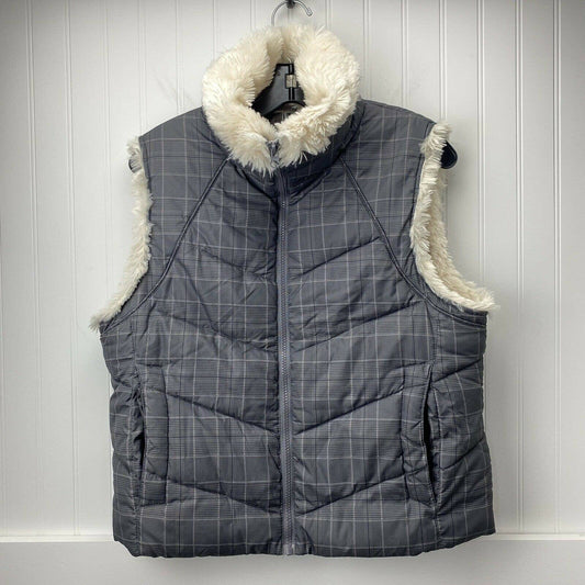 Big Chill Puffer Vest Sz Large Womens Gray Plaid Beige Sherpa Fur Trim Jacket