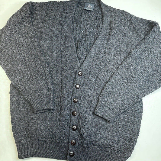 ARAN Merino Wool Cardigan Mens XL Dark Gray Knit Button Up Sweater Ireland EUC