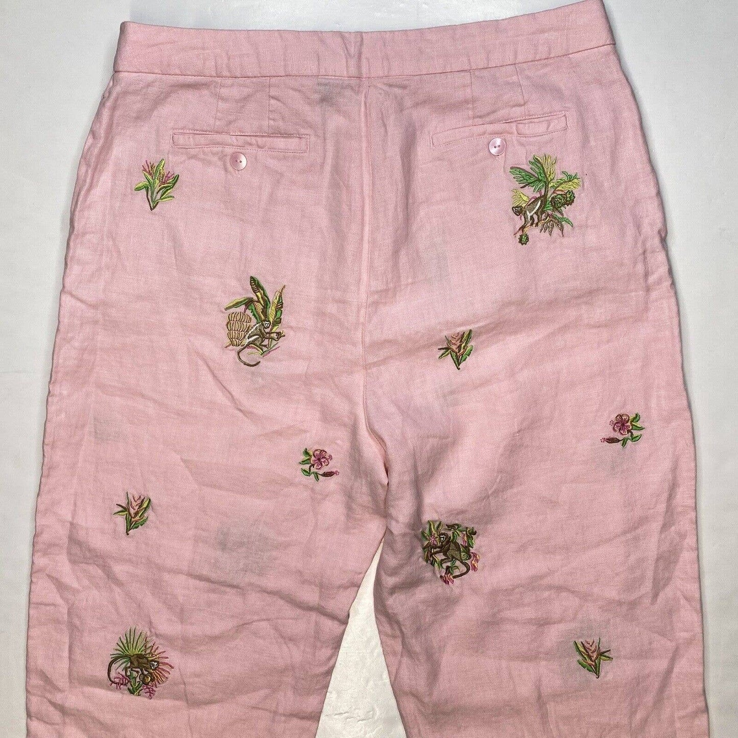 Rosanna Linen Wide Leg Crop Pant 14 (32"Waist) Pink Embroidered Monkeys Tropical