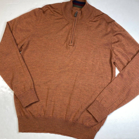 Tom James 100% Merino Wool Sweater Mens XLarge Orange 1/4 Zip Long Sleeve Italy